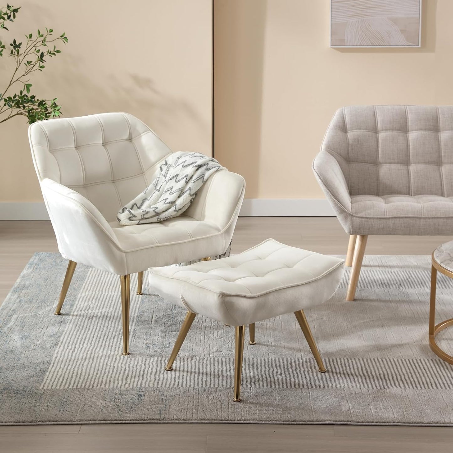 Modern Velvet Accent Chair with Ottoman Set of 2, Upholstered Lounge Chair with Footrest, Comfy Living Room Chair with Gold Legs Accent Side Chair Armchair for Small Space Bedroom, Beige