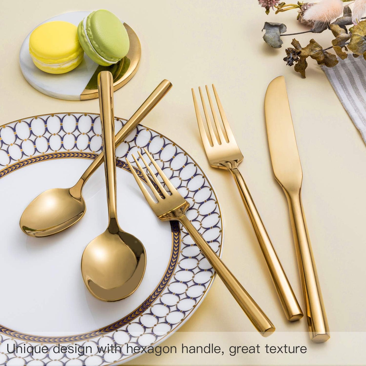Silverware Set Flatware Set Shiny Gold Cutlery Set with Hexagon Handle Forged Stainless Steel Heavy 20 Pieces For Home Hotel Use Service for 4