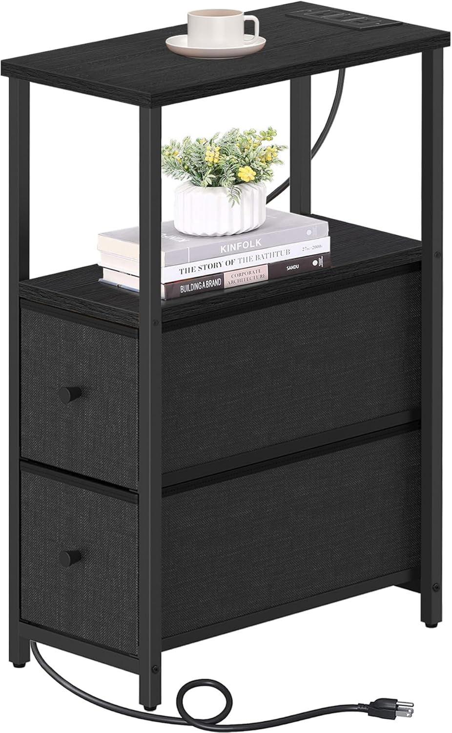TUTOTAK Small Narrow End Table with Charging Station, Side Table with Outlets, Nightstand with 2 Cloth Drawers, Couch Table, for Living Room, Bedroom, Bedside, Black TB01BK085