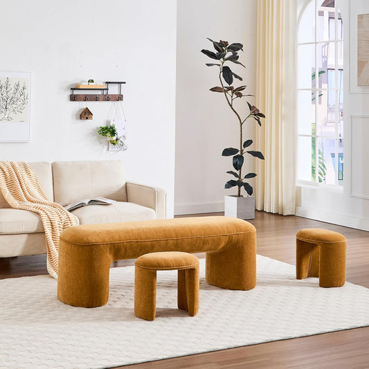 3-Piece 53" Comfy Upholstered Dining Bench with 2 Ottomans, Accent Waterfall Bench Modern End of Bed Entryway Bench Vanity Stool,Pumpkin Chenille
