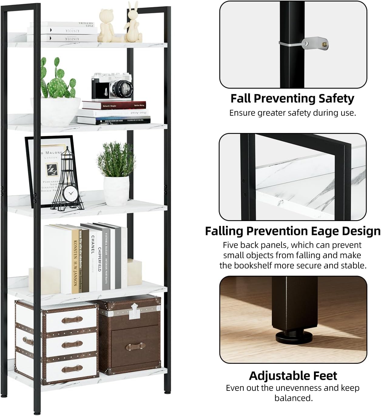 NUMENN Bookshelf, 5 Tier Bookshelves, Home Office Bookcase Shelf Storage Organizer, Free Standing Storage Shelving Unit for Bedroom, Living Room and Home Office, White Marble