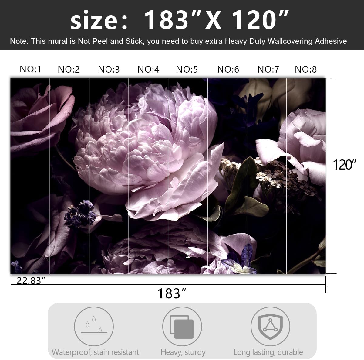 -Black Peony Purple Floral Botanical Fabric Wallpaper Living Room Bedroom Bathroom Dark Flowers Large Wall Mural- 183"x120"( not Peel and Stick)