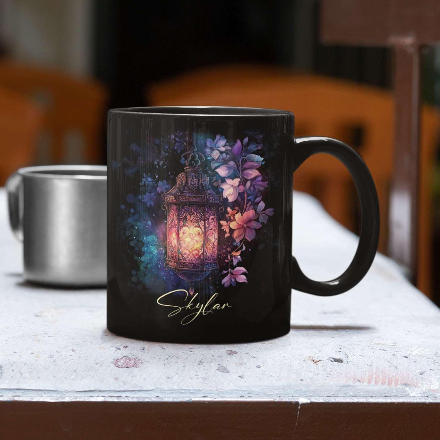 Custom Vintage Lantern With Flowers Coffee Mug, Personalized Name Ceramic Cup 11oz Or 15oz, Glowing Light And Flowers Mug, Customized Enchanted Nature Black Cup, Gift For Friends