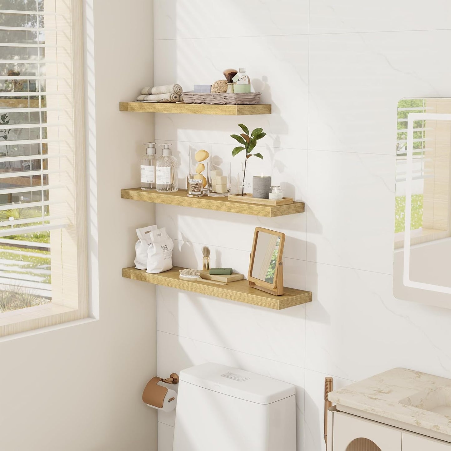 Fun Memories Floating Shelves Wall Shelf 24 inches Long, Farmhouse Bathroom Shelves Bedroom Kitchen Living Room Shelf Wall Mounted, 24 x 6.7 x 1.4 inch Set of 3, Oak Color