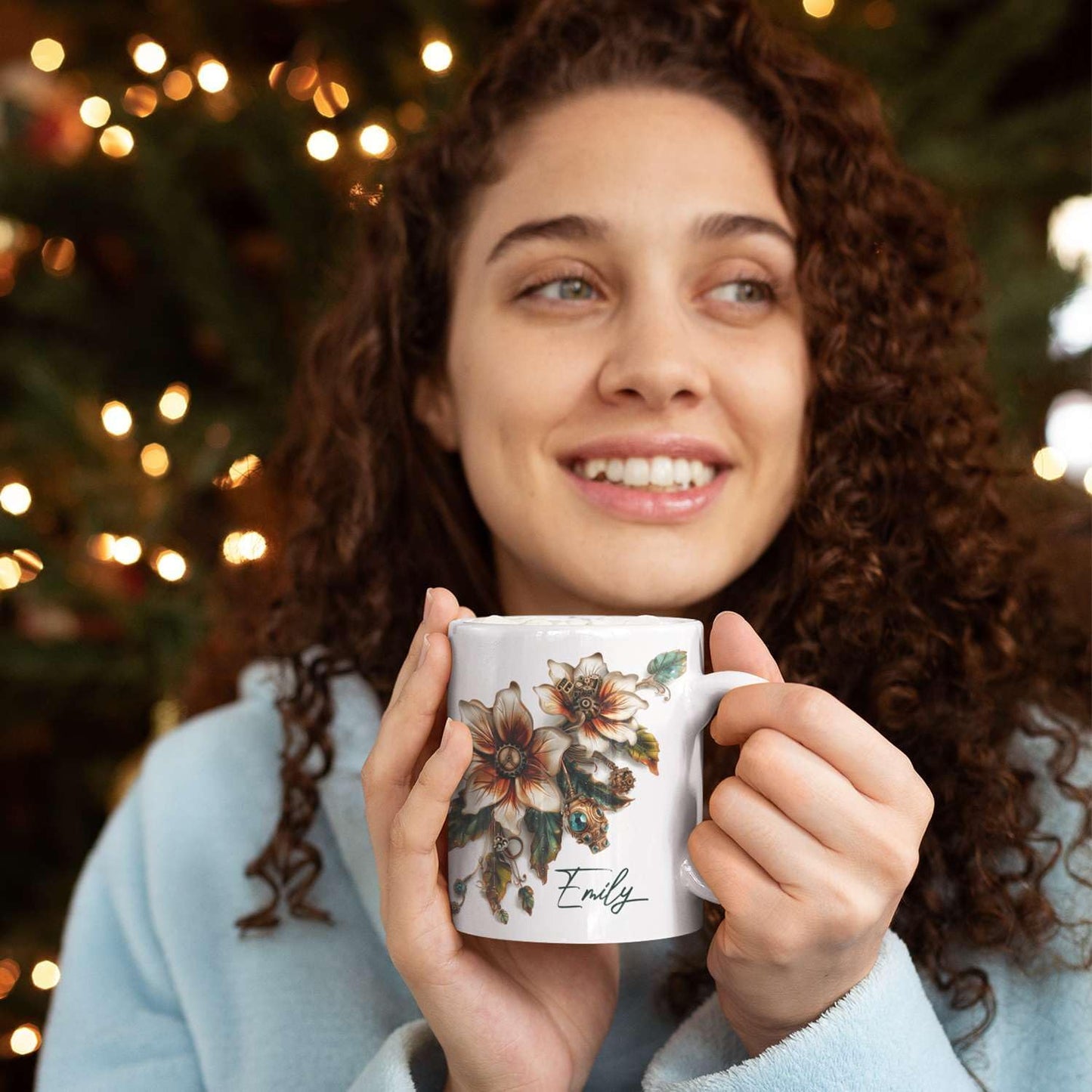 Customized Name Coffee Cup, Custom Steampunk Floral Design Cup, Personalized Flower Lover Ceramic Cup 11oz, White Mug Gift For Floral Enthusiasts, Steampunk Flower Cup For Birthday
