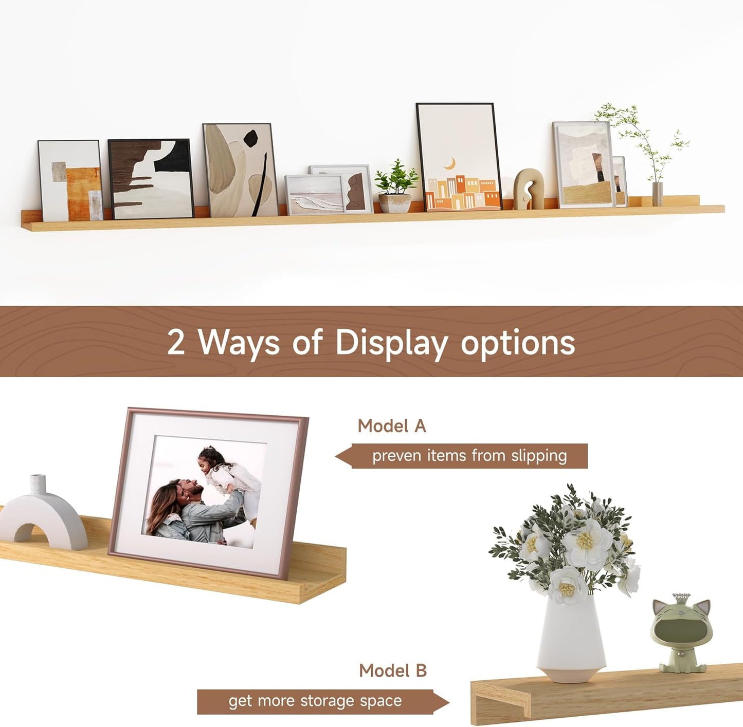 Floating Picture Ledge Shelves for Wall Set of 2, 72 Inches Picture Ledge Shelf with Long Large Nursery Book Shelf for Toys Storage Kids Bookshelf Wall Mounted Living Room Bedroom Decor Frames, Oak