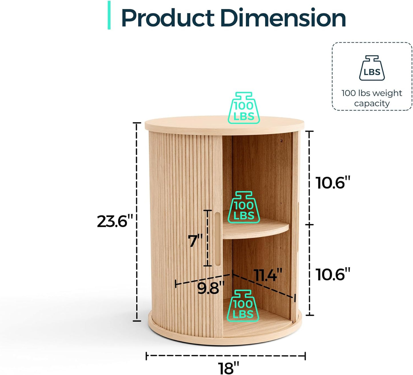 LINSY HOME Round Fluted End Table, Tall Side Table with Sliding Tambour Door and Storage Shelf, Modern Bedside Table, Mid-Century Nightstand for Living Room, Bedroom, Oak