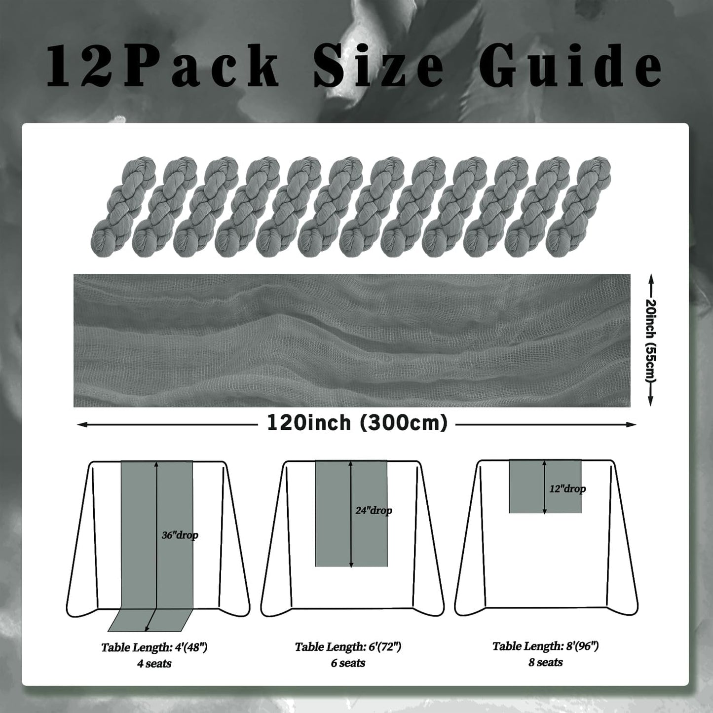 12 Pack Gray 10FT Cheesecloth Table Runner Rustic Gauze Fabric Cheese Cloth Table Runner for Wedding Bridal Baby Shower Table Decor 20 x 120 Inch Long Boho Sheer Birthday Party Table Decorations