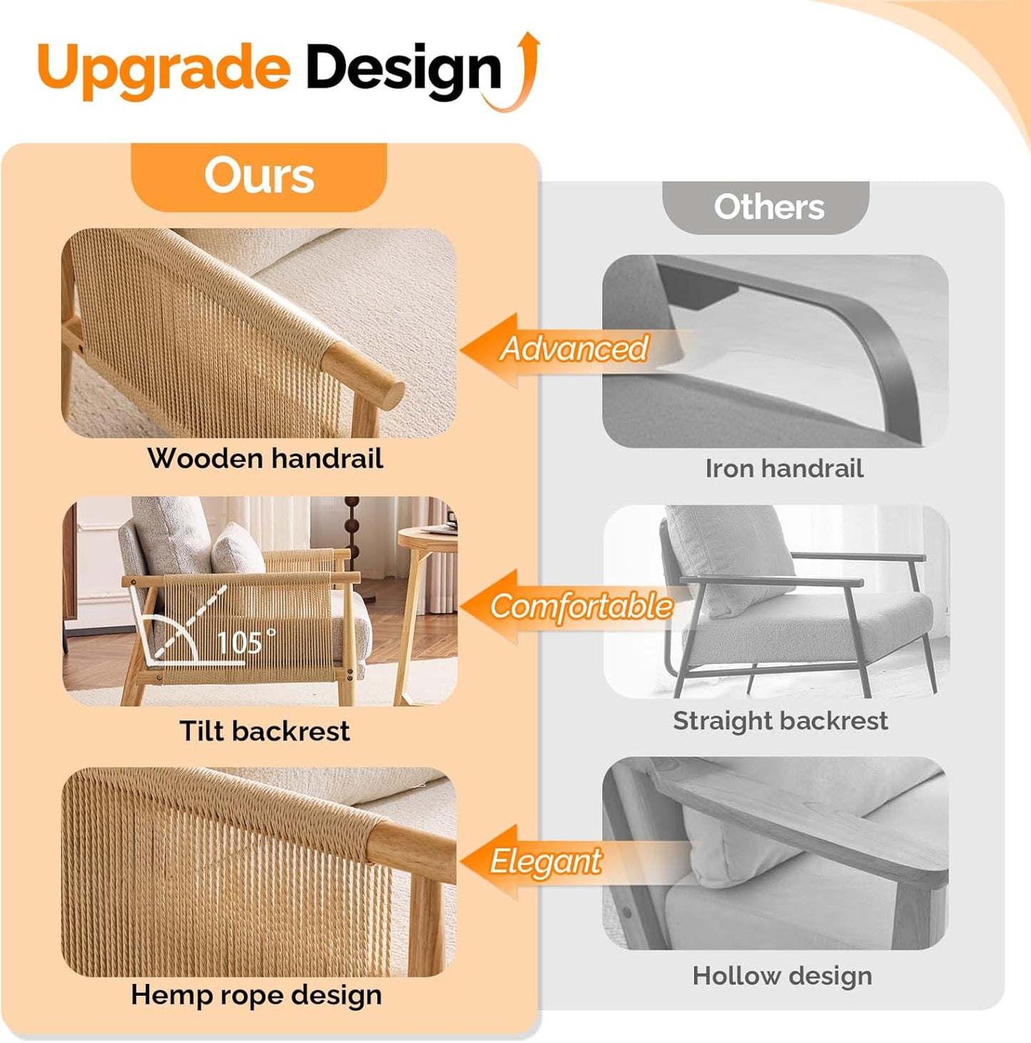 VINGLI Boho Braid Accent Armchairs Set of 2,Mid-Century Modern Chiars with Solid Wooden Armrest,Comfy Louge Cushion Chairs with Waist Pillow for Bedroom,Living Room,Reading Room, Light Grey