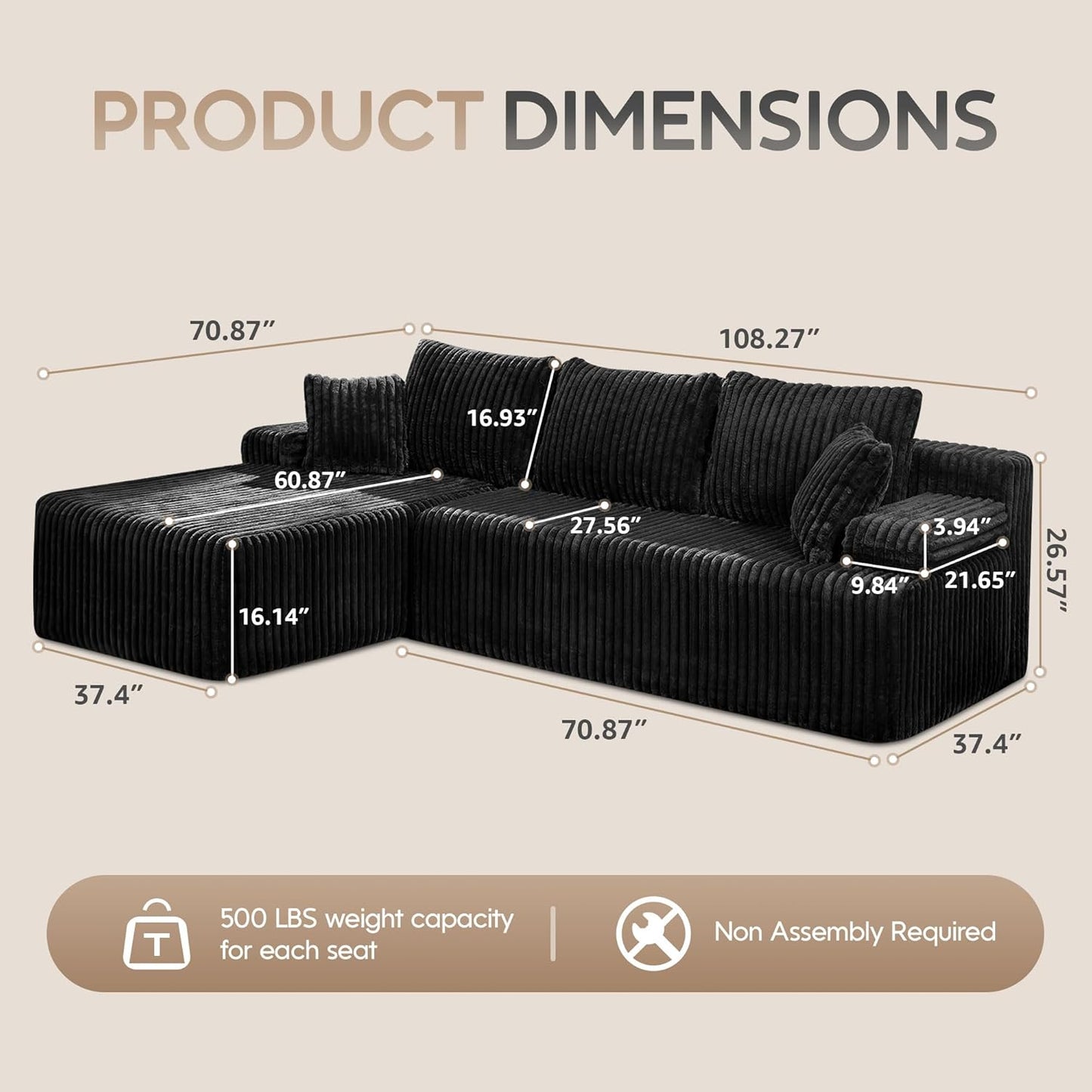Hobestluk Modular Sectional Sofa Couches 108" L-Shape Couch 3 Seat Modular Sofa Memory Foam Sectional Couches for Living Room, Boneless Couch with Oversized Chaise (Black, Left Facing)