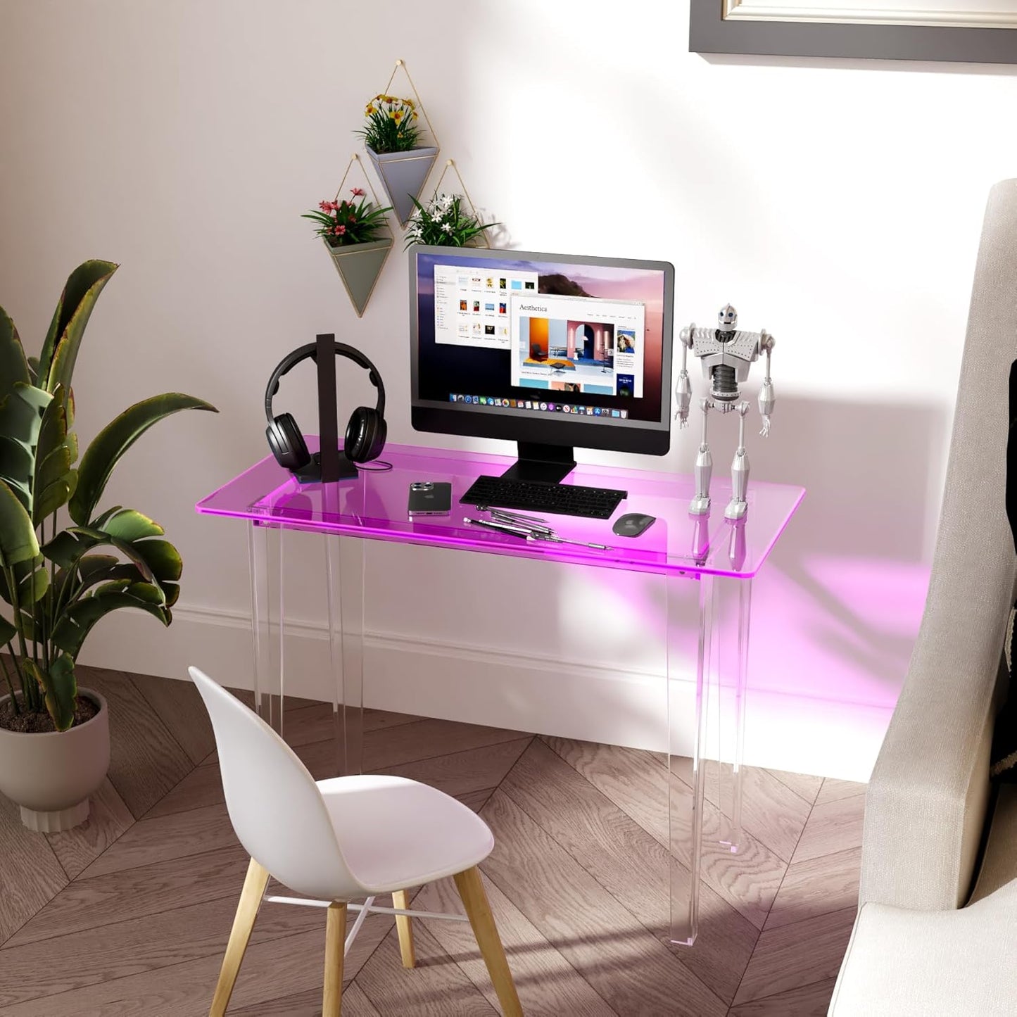 Acrylic Desk, Modern Study Table for HomeOffice-Extended Surface Multi-Purpose Console & EntrywayTable, Sturdy Lightweight Design((42.5-inch, Pink)