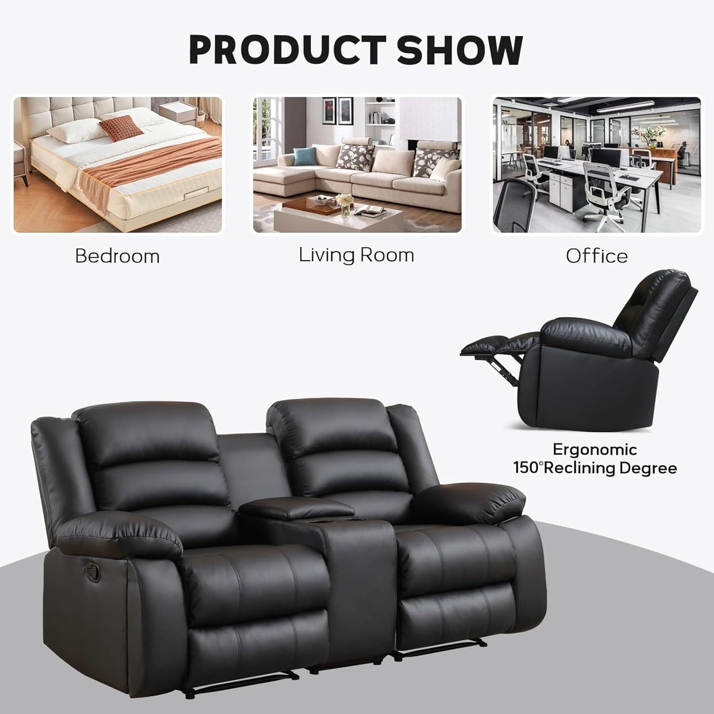 EBELLO Faux Leather Manual Reclining Sofa Set, Recliner Chair, Loveseat, Black