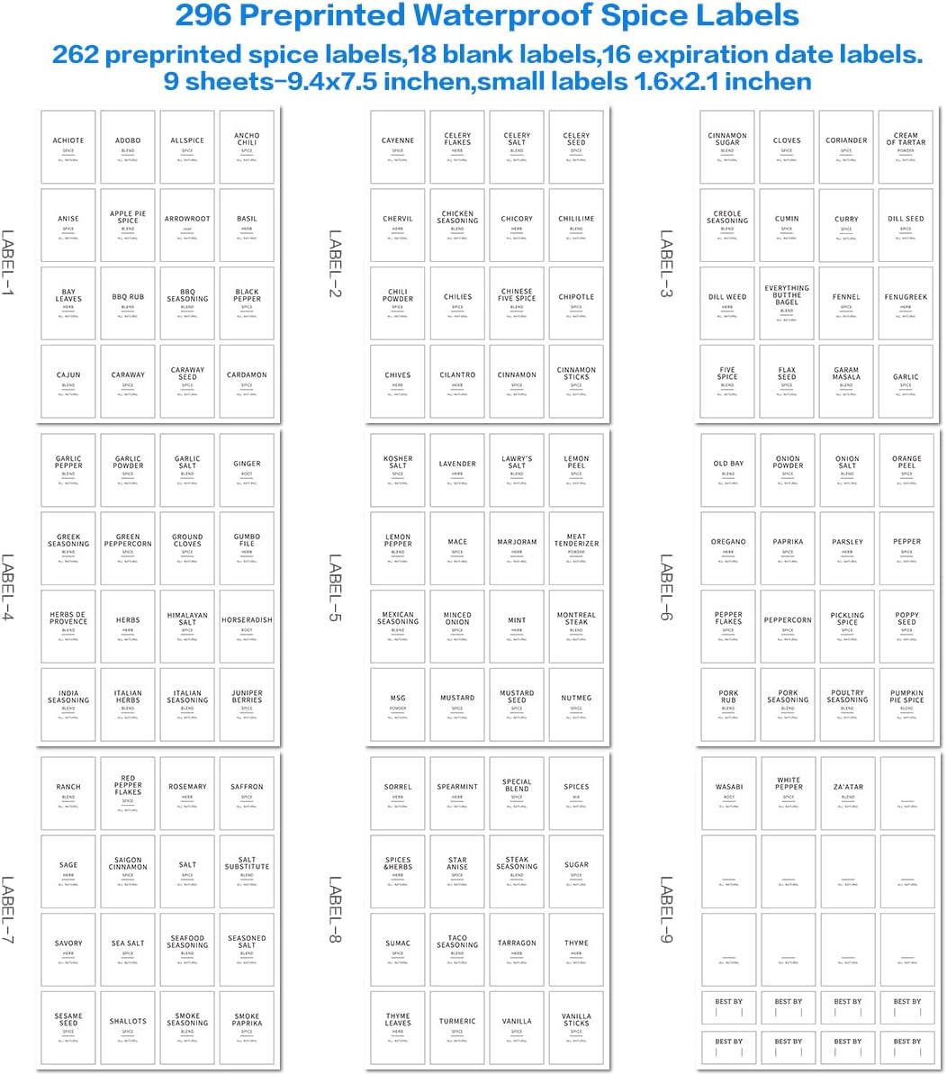 12 Pcs Glass Spice Jars With 296 Spice Labels Preprinted of White and Black Color- 10oz Thicken(2.4mm) Spice Containers With Bamboo Airtight Lids - Empty Small Herb Seasoning Jars