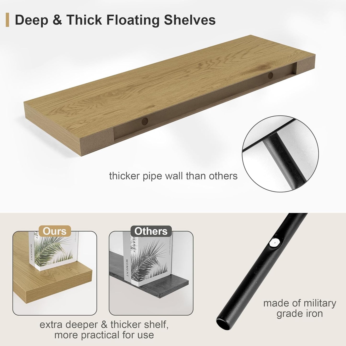 12" Deep Oak Floating Shelves,Over Toilet Long Wall Mounted Modern Farmhouse 36 inches,Wall Shelves with Invisible Brackets for Bedroom, Bathroom, Living Room, Kitchen, Set of 1