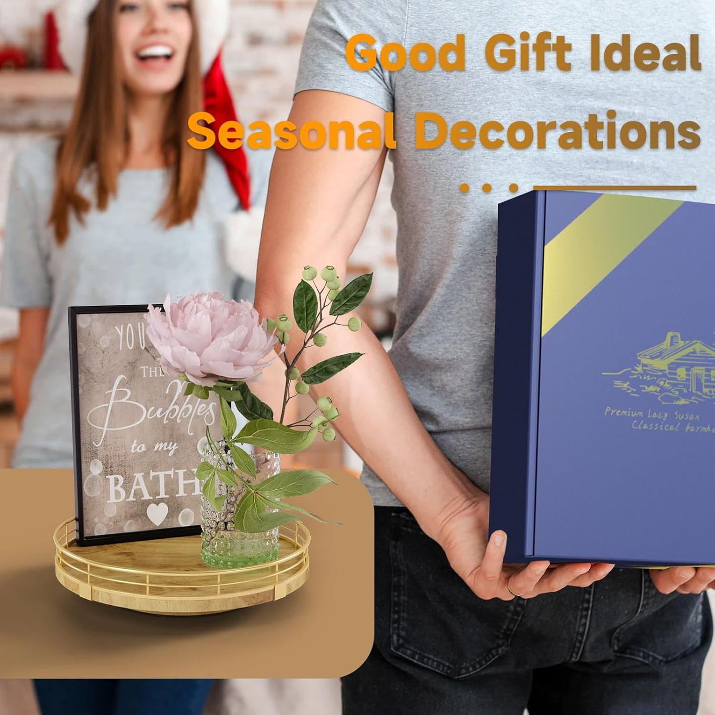 Farmhouse Oak 9" Lazy Susan Turntable Organizer for Cabinet, Round Wooden Lazy Susan Organization and Storage for Dining Table, Pantry, Kitchen, Countertop, Cupboard,Home Decor