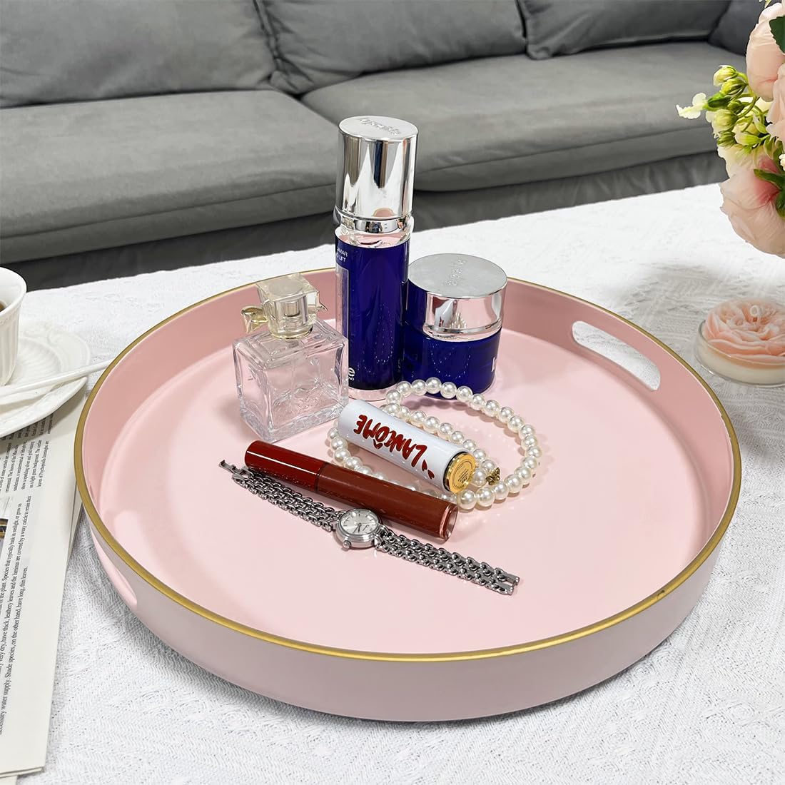 13" Pink Serving Tray with Handles,Round Decorative Tray for Coffee Table, Plastic Modern Coffee Table Tray for Ottoman, Living Room, Bathroom, Décor.