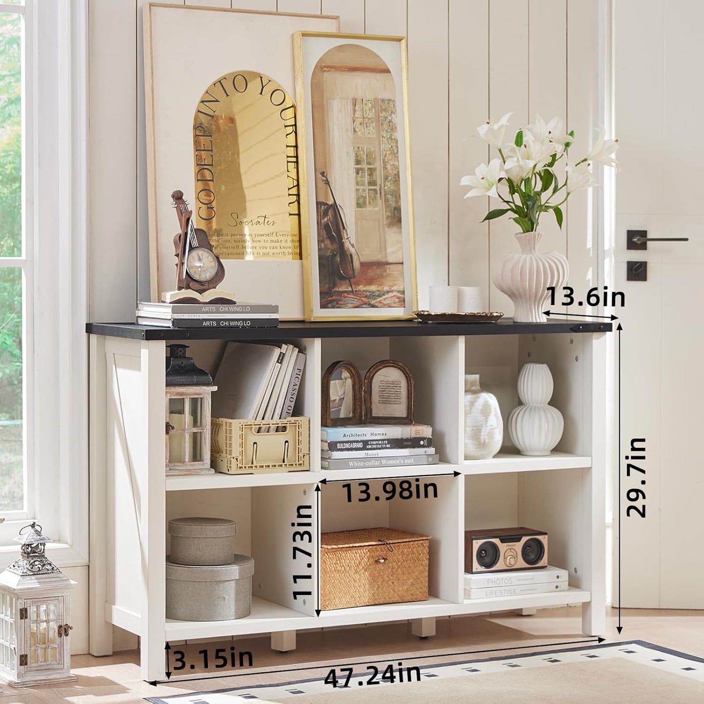 Farmhouse 6 Cube Bookshelf, Antique White & Black Wooden Storage Organizer Book Shelf, 47" Cubby Hallway Bookcase, Kids Toy Storage Cabinet, Modern Open Book Case for Living Room, Playroom