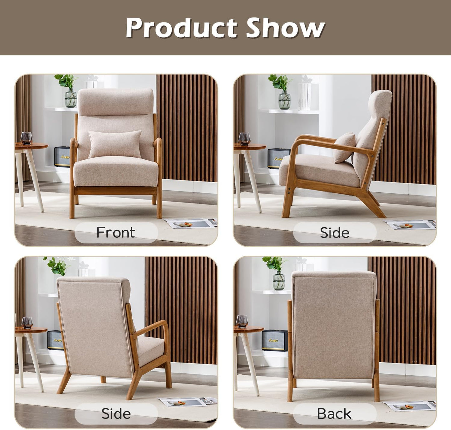 INZOY Mid Century Modern Accent Chair with High Back, Upholstered Living Room Chairs with Waist Cushion, Wood Frame Reading Armchair for Bedroom Sunroom, Beige