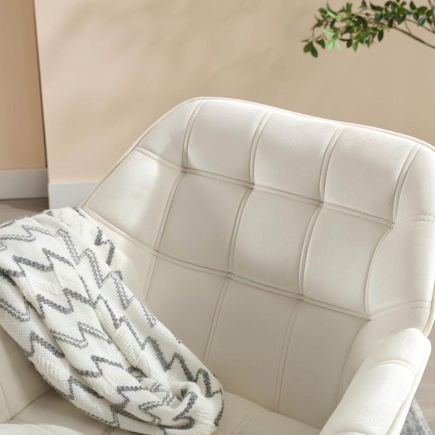 Beige Velvet Accent Chair with Ottoman ,Modern Reading Chair with Ottoman Set, Comfy Fuzzy Armchair Living Room Chair Lounge Chair with Metal Legs for Small Spaces Bedroom Apartment