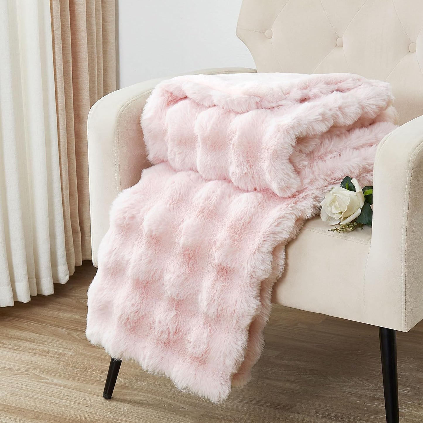DREAMNINE Large Soft Thick Fuzzy Bubble Faux Rabbit Fur Bed Blanket Queen Size - 80" x 90", Big Warm Shaggy Fluffy Blankets for Winter, Solid Luxury Cozy Cute Bumpy Furry Blanket for Adult Girl, Pink