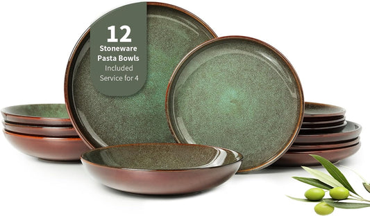 12 Piece Dinnerware Sets with Pasta Bowls, Stain Resistant Dish Set, Easy Cleaning Dishes, Multi-Functional Plate and Bowl Set, Stack Compactly Plates, Service for 4 Sage Green