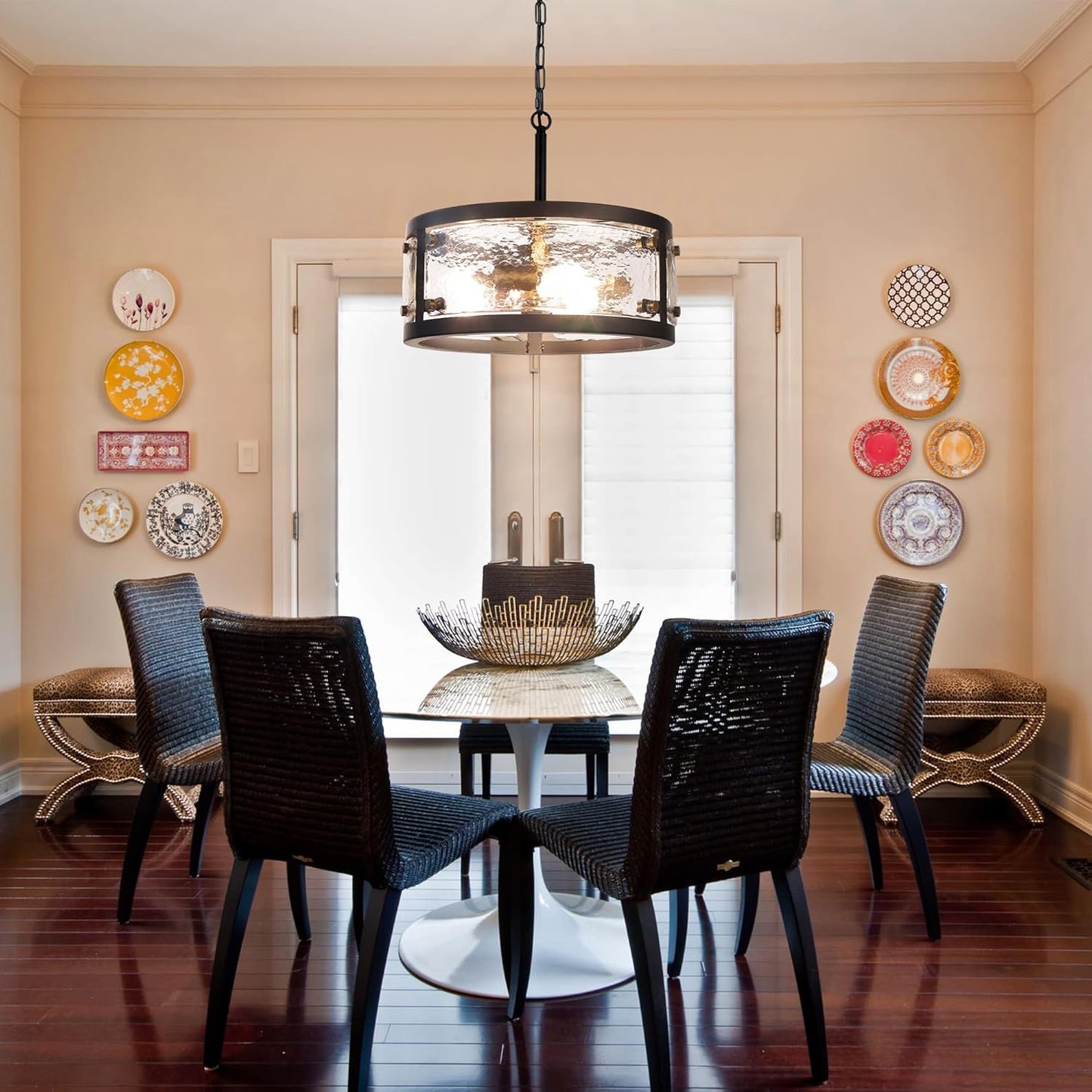 13" Industrial Drum Glass Chandelier, 3-Light Rustic Hanging Pendant Lights, Metal Round Lighting Fixture for Dining Room Foyer Entryway Hallway Bedroom, Clear Waterglass Drum Shade