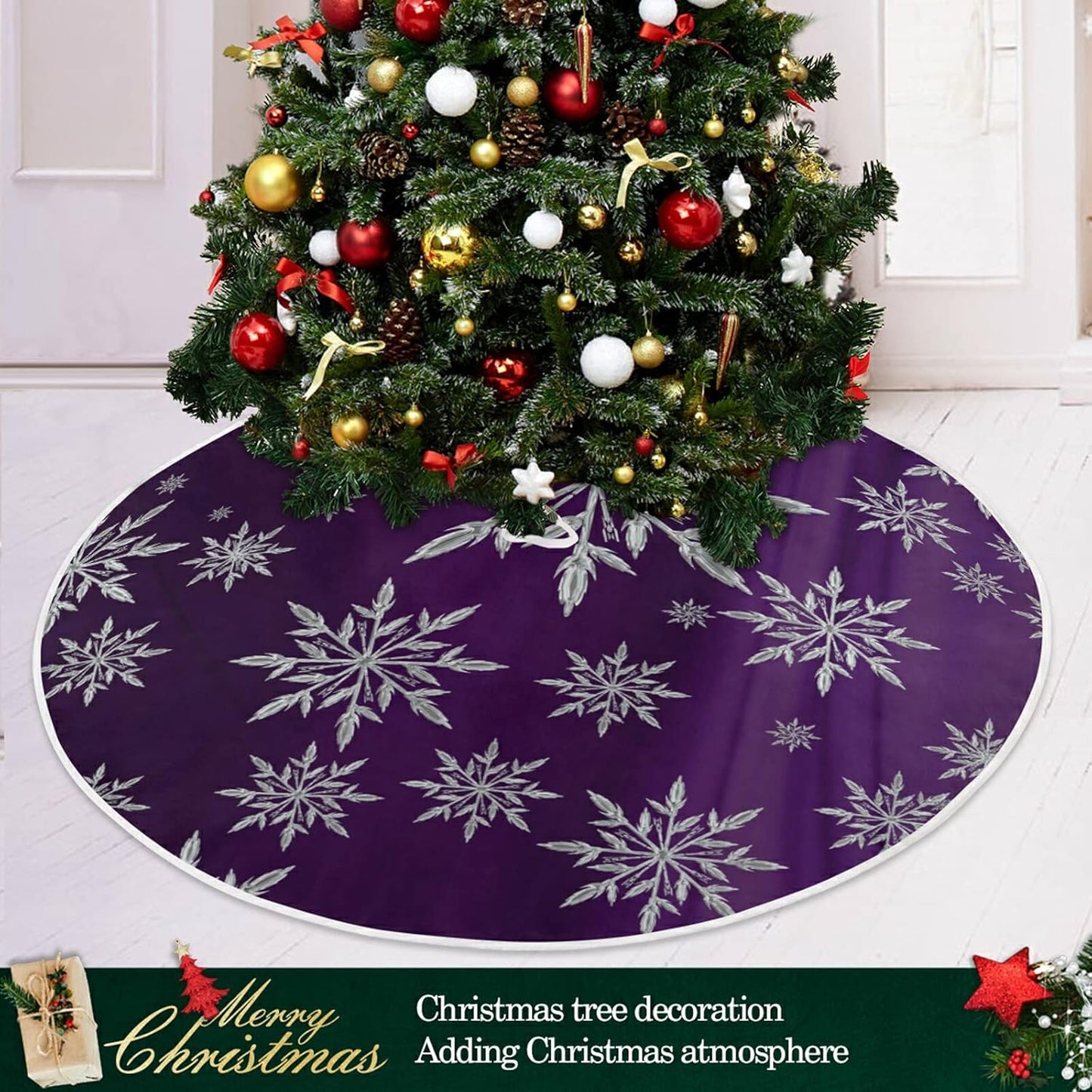 Christmas Snowflake Purple Tree Skirt, Seasonal Tree Mat Holiday Party Supplies Ornaments Indoor Outdoor Decorations for Tabletop Trees 47.2 Inches