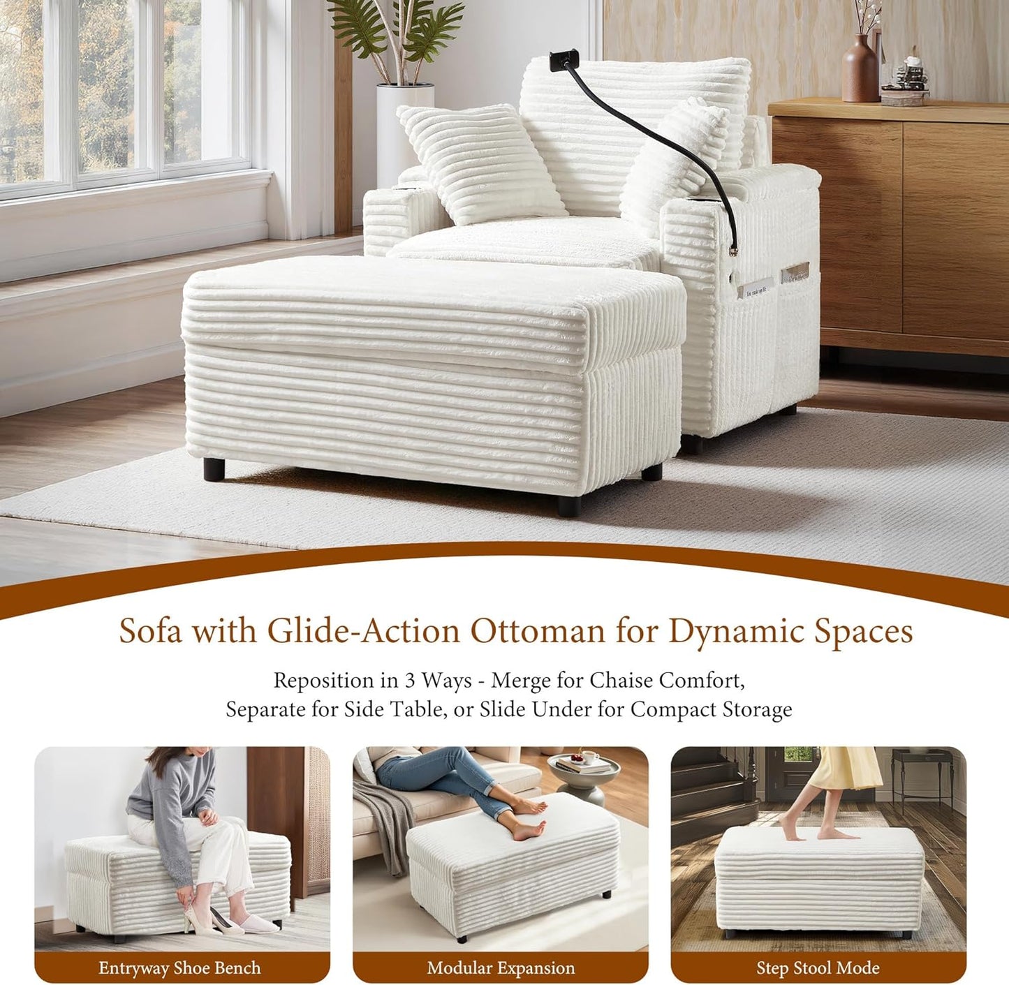 Accent Chair with Storage Ottoman Upholstered Living Room Chairs for Reading Chair with Chaise Lounge Chairs Indoor, Comfortable Armchair for Bedroom