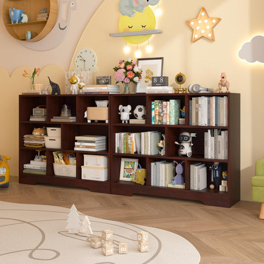 Book Shelf Set of 2, 8 Cubes Storage Organizer, 3-Tier Open Bookshelf Wooden Bookcase, Freestanding Cherry Bookshelf Cube Shelf for Living Room