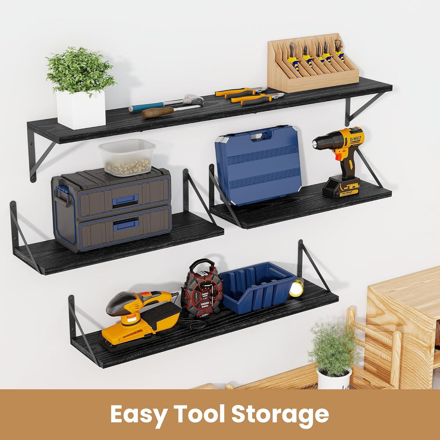 Heimlove 24 Inches Black Floating Shelves,8 Inches Deep Wall Bookshelf Mounted Display&Storage Wood Wall Shelves for Kitchen Bathroom Laundry Living Room,Set of 3