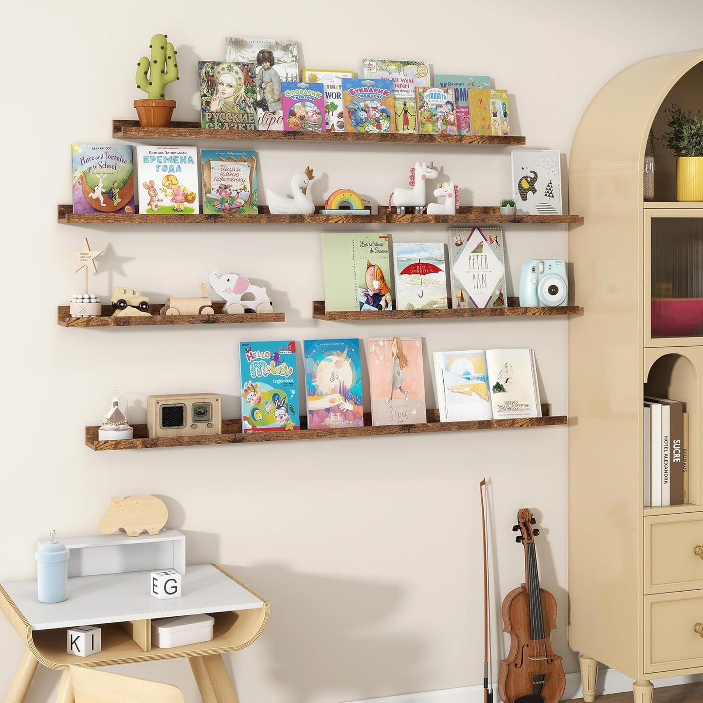 Fun Memories Picture Ledge Shelves Set of 2, 55 Inch Rustic Wall Mounted Floating Shelves with Lip for Home Storage and Décor in Bathroom, Kitchen, Nursery, Bedroom, Living Room, Brown