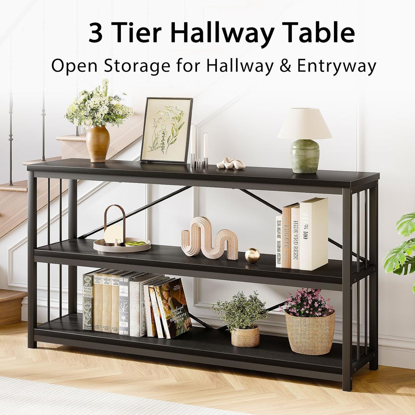 LVB Black Console Table, Modern Entryway Table for Hallway Living Room, Industrial Sofa Table Behind Couch, Farmhouse Wooden Metal Entry Table for Foyer with 3-Tier Storage Shelves, Black Oak, 55 Inch