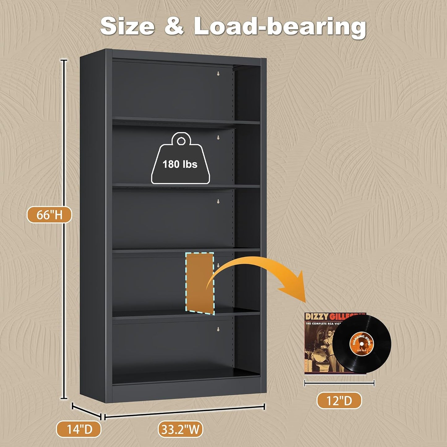 Book Shelf, 14" Deep Bookshelves Cases for Books, Garage Kit, CDs, 66" Tall Bookcase for Home Office Library Living Room, 5 Tier Bookshelf with Adjustable Shelves, Black Book Cases