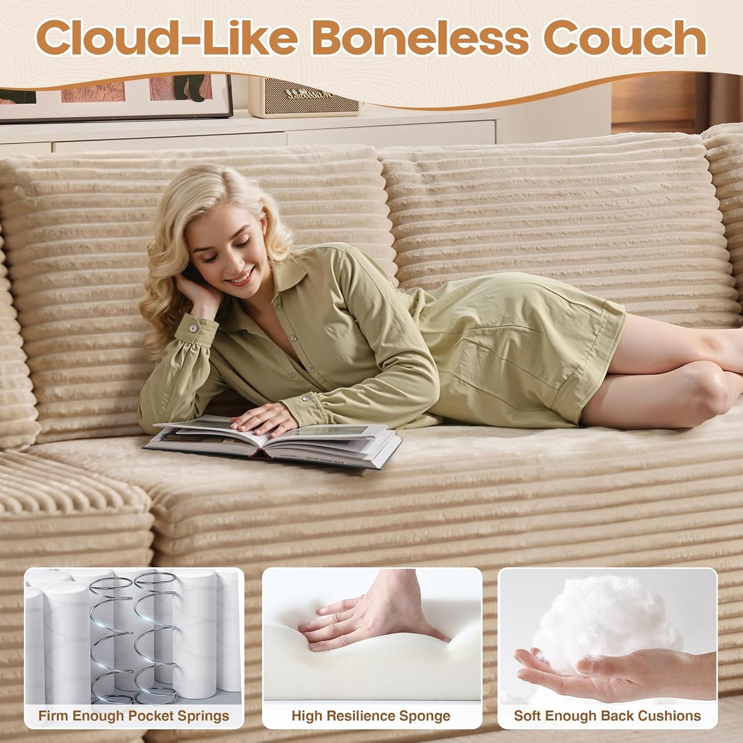 Cloud Sectional Couches for Living Room,U Shaped Modular Sofas No Assembly,135x100 Inches Plush Corduroy Oversized Floor Couch Set with Deep Seat Chaise,Beige