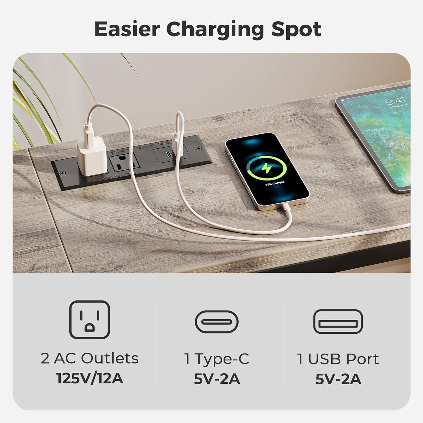 SUPERJARE Console Table with Outlet, 63 Inch Sofa Table with Charging Station, Narrow Hallway Entryway Table, Behind Couch Table, for Living Room, Oak