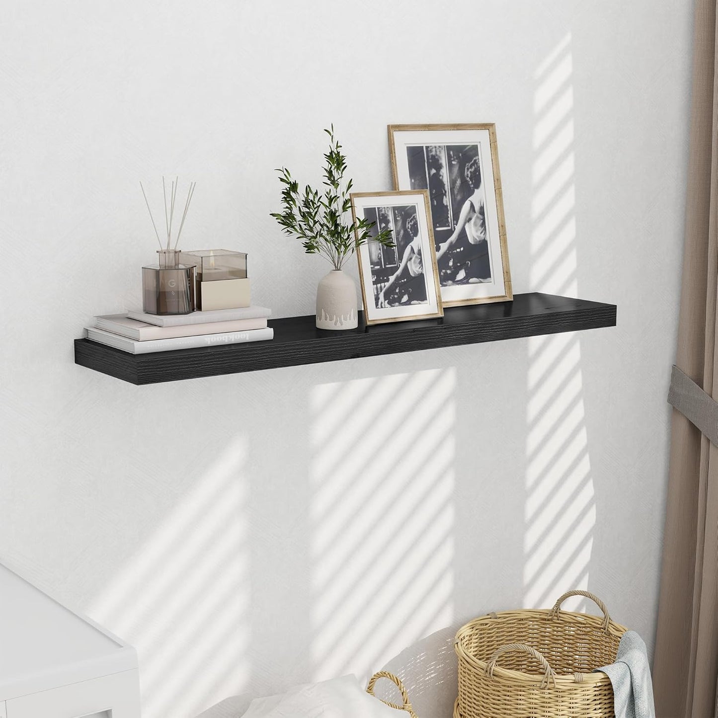 Fun Memories 10 Inch Deep Shelves, Floating Shelves for Wall 48 Inches Long, Wood Floating Shelves for Wall, Large Storage Shelves Wall Mount for Living Room Bedroom, Black, Set of 1