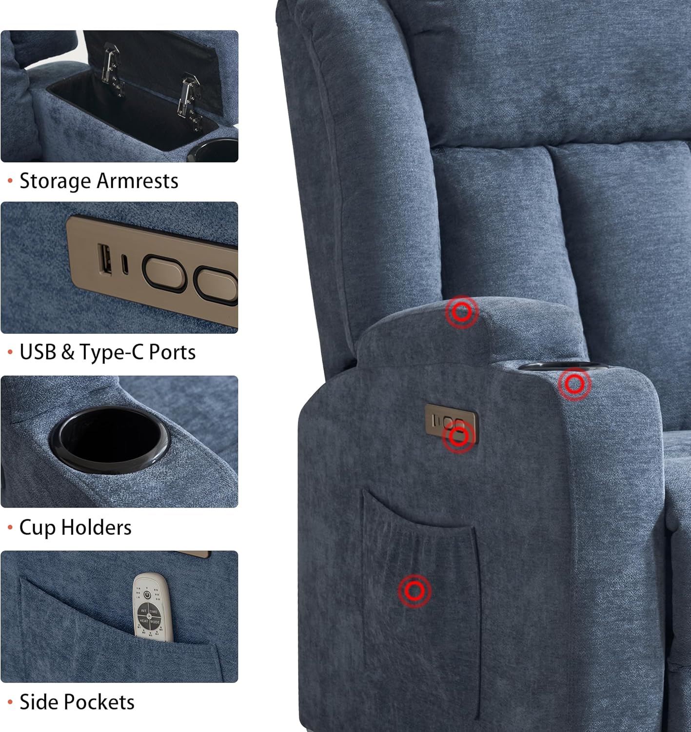 Power Lift Recliner Chair for Elderly with Massage and Heat, Recliner Chairs for Adults, Upgraded Fabric Reclining Sofa Chair with USB & Type-C Ports and Side Pockets, L1188 (Blue)