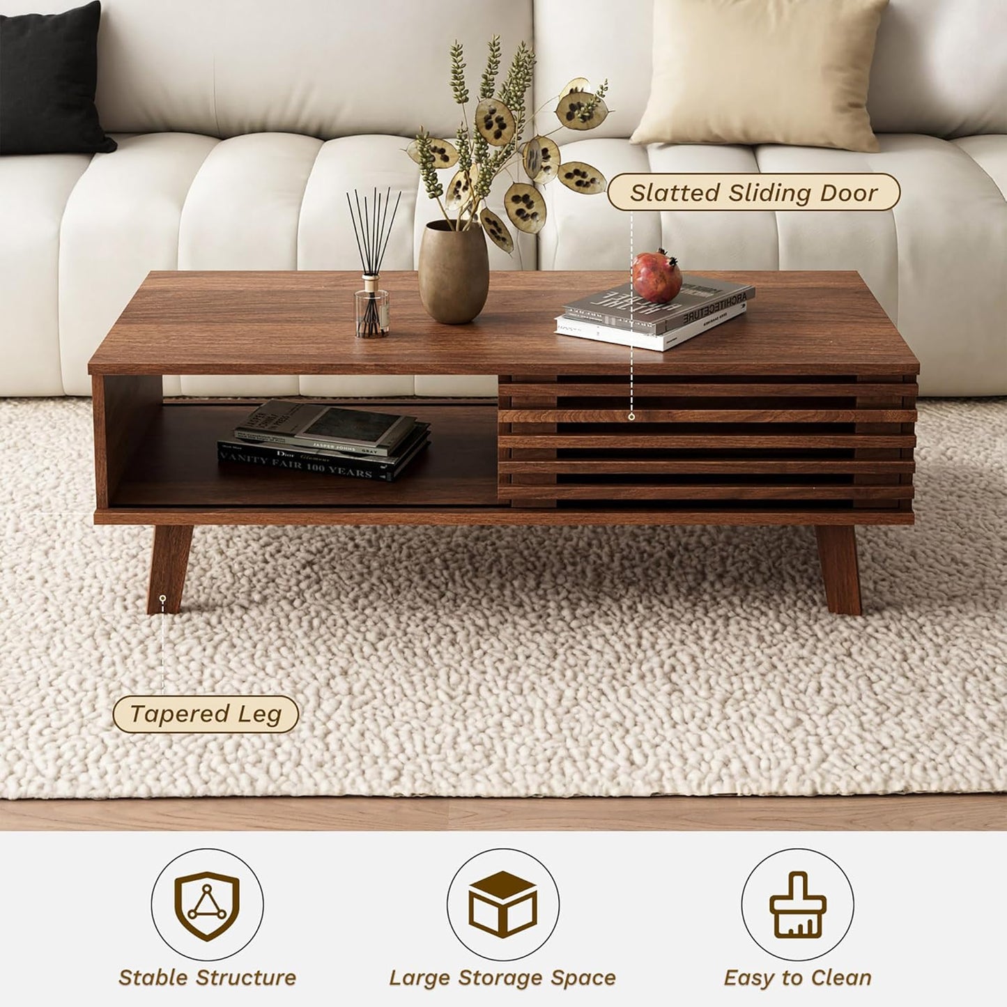 Mid Century Coffee Table with Storage & Sliding Fence Door, Modern Coffee Tables for Living Room, Walnut Finish