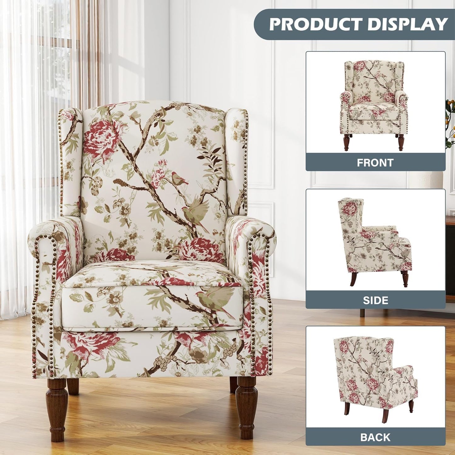 UIXE High Back Accent Chairs Set of 2, Fabric Upholstered Armchair for Living Room, Retro Printed Wingback Arm Chair Rivet Trimed Single Sofa Bedroom Reading Seat - Beige Floral