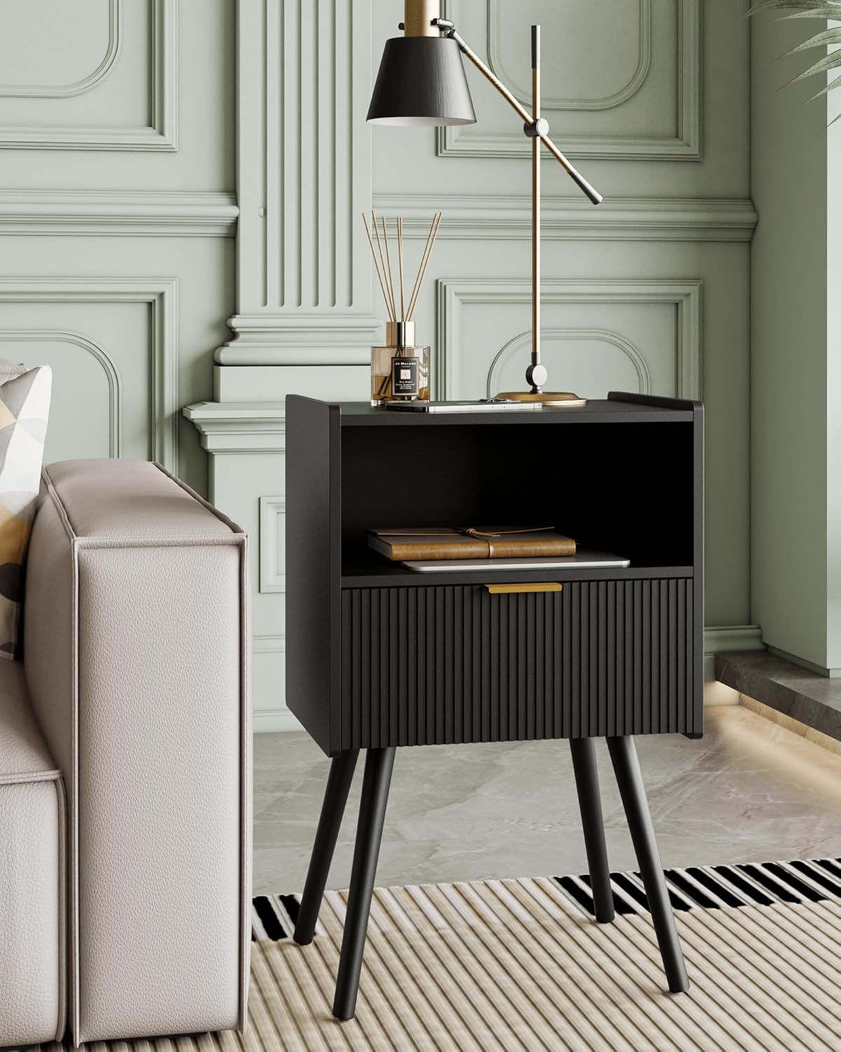 Nightstand,Modern Bedside Table with Storage Drawer and Open Wood Shelf, Accent Night Stand with Solid Wood Legs for Living Room, Bedroom and Small Spaces,Easy Assembly (Black)