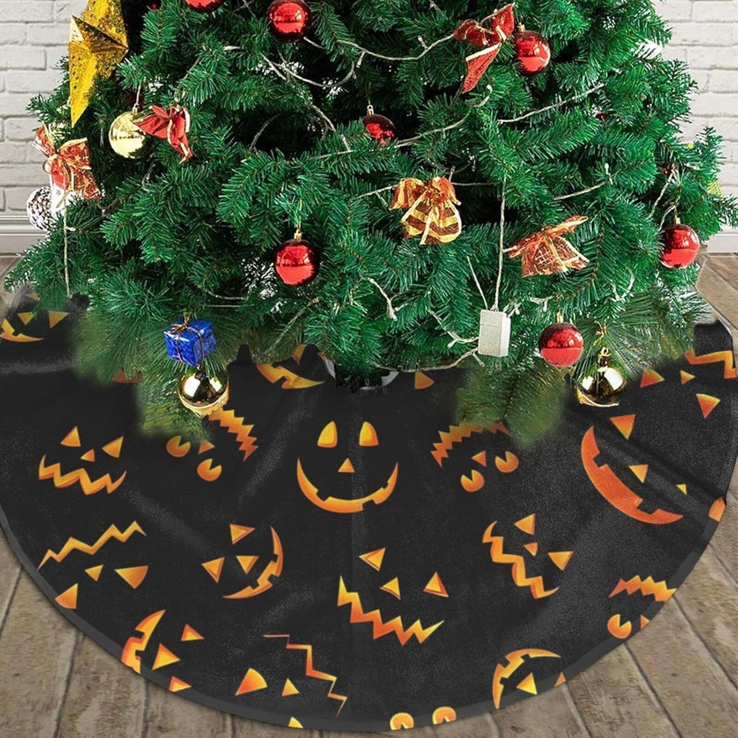 Christmas Tree Skirt,Jack O Lantern Pumpkin Smiles Xmas Tree Skirt Rustic Farmhouse Tree Skirt for Christmas Decor Xmas Holiday Home Party Decorations48