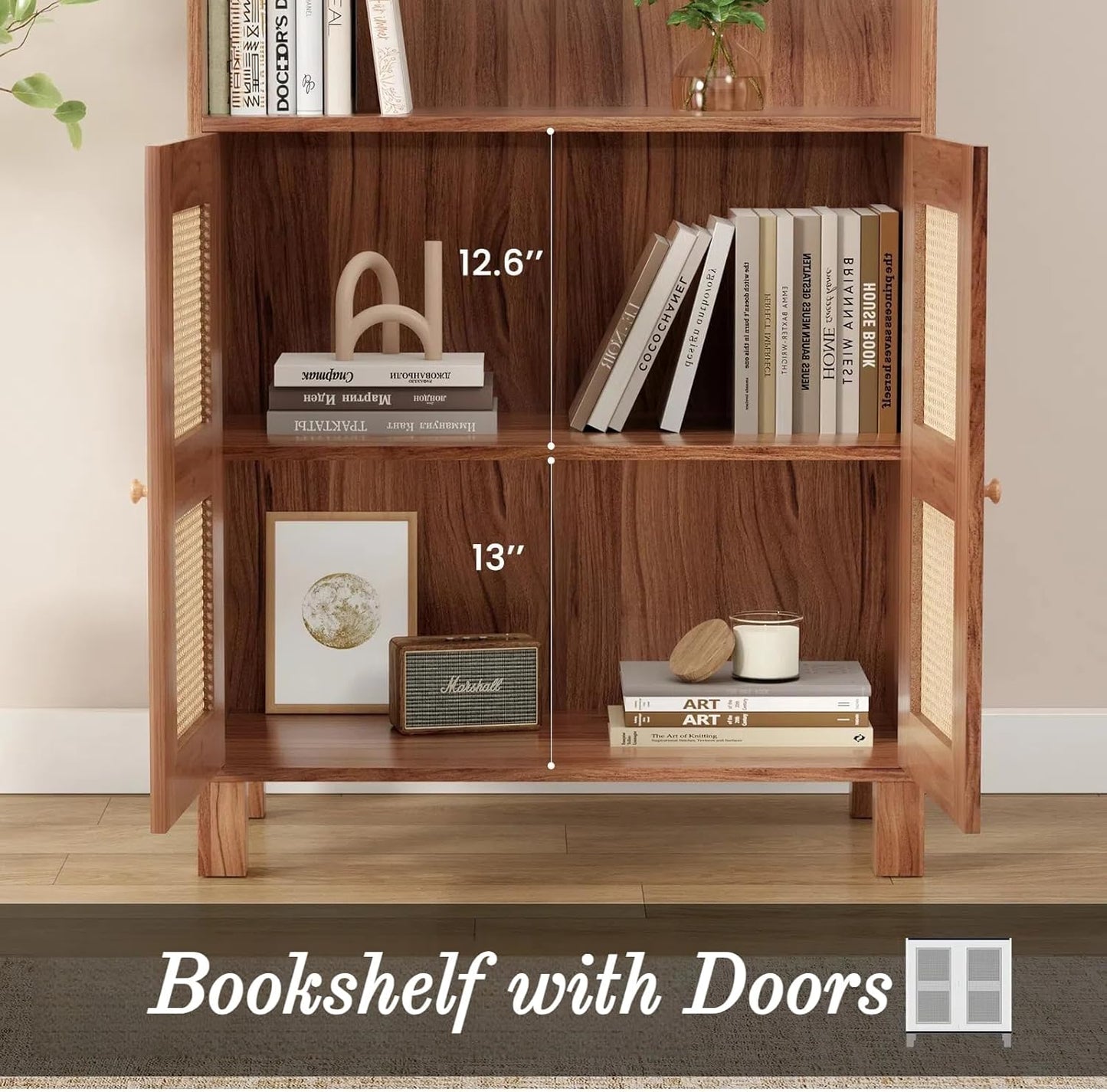 Tall Bookshelf, 5-Tier Book Shelf with 2 Rattan Doors, Freestanding Bookcase Display Shelves with Large Storage, Book Case for Living Room, Office, Study, Bedroom, 70.9 Inch