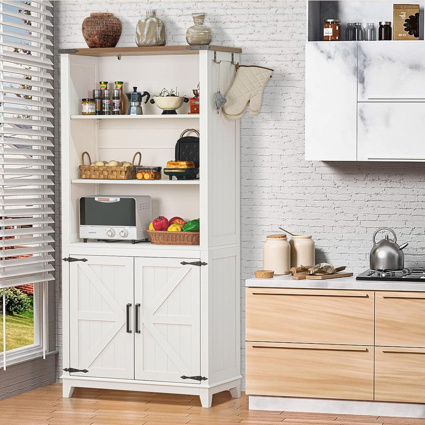 5 Tier Bookshelf 70in Tall Bookcase with Barn Doors and Storage Cabinet, White Farmhouse Book Shelf with Adjustable Shelves, Wood Freestanding Display Bookshelves for Bedroom, Kitchen (2PCS)