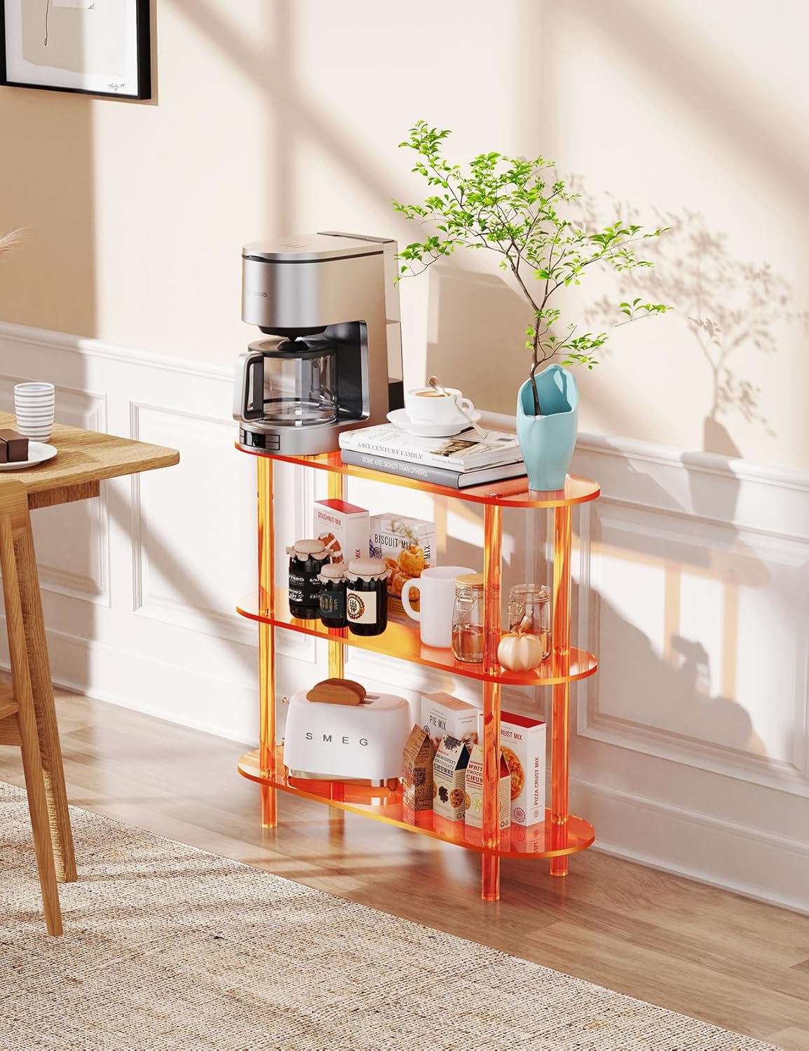 Clear Bookshelf, Acrylic Bookcase with Open Book Shelf for Office Living Room Bedroom (3 Tier Orange)