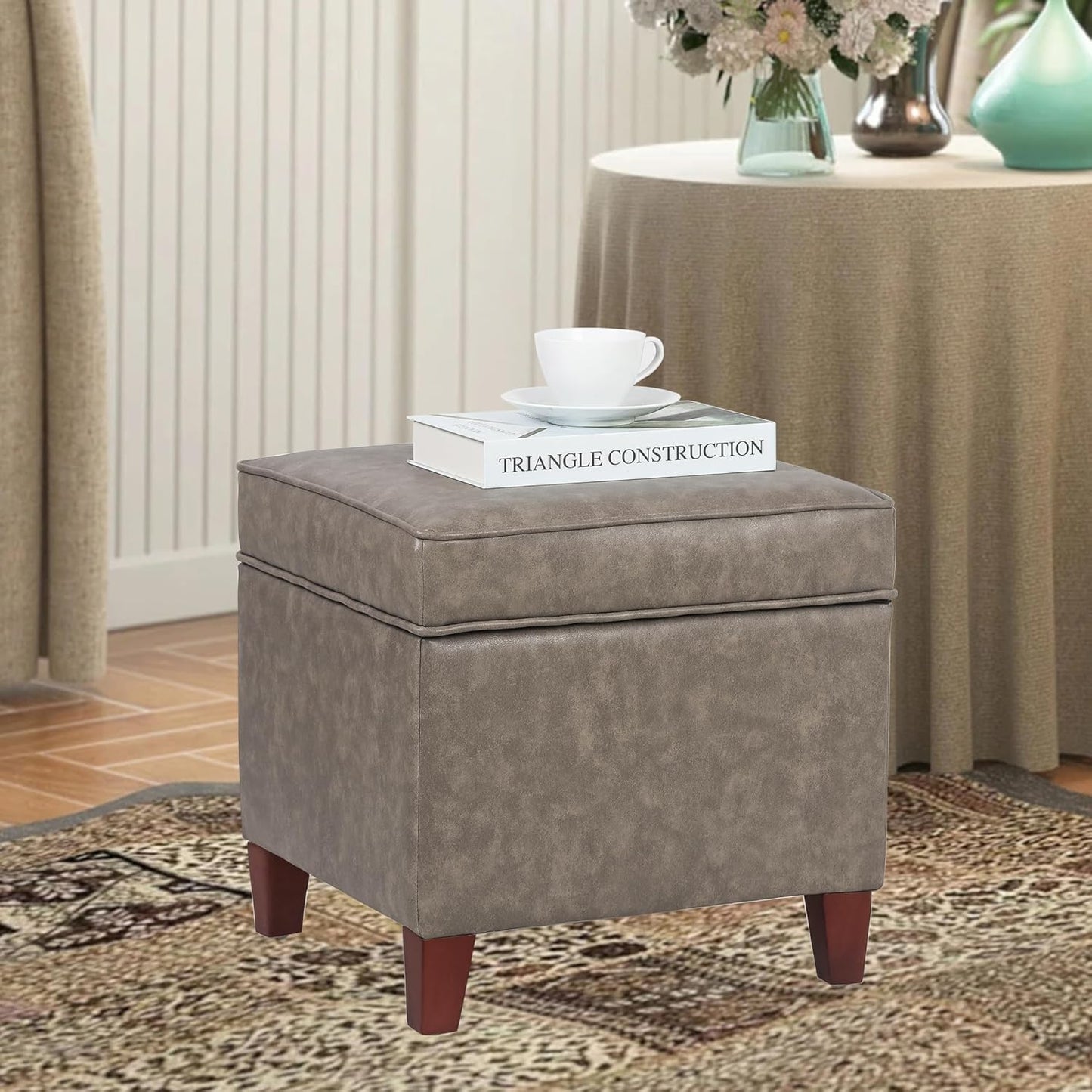 Adeco 17.5" Square Faux Leather Ottoman with Storage - Upholstered PU Foot Rest - Flip Top Footstool with Sturdy Wood Legs, Small Cube Coffee Table Extra Seat for Living Room, Bedroom, Coffee Brown