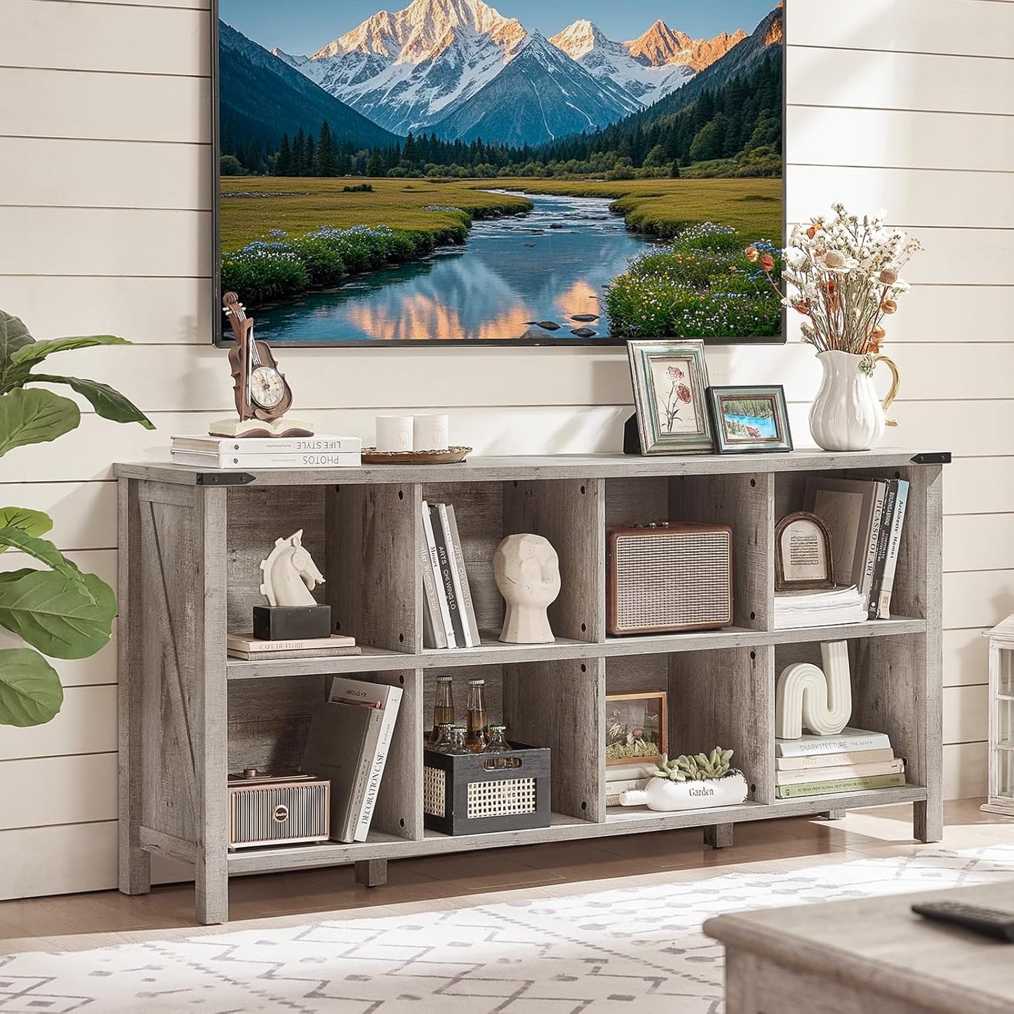 8 Cube Book Shelf, Farmhouse Wood Long Storage Organizer Bookcase, 62" Horizontal Grey Oak Console Closet Bookshelf, Hallway TV Stand for Entryway, Display Cabinet Book Case for Living Room