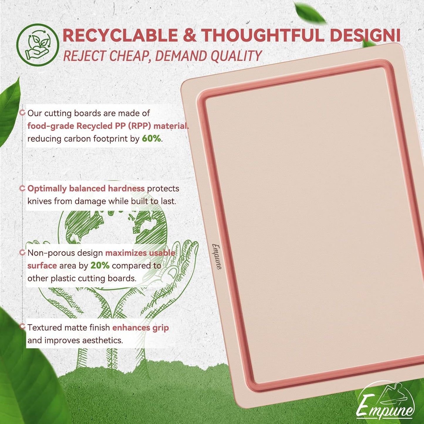 Empune Plastic Cutting Board Set, Recycled Plastic Cutting Boards for Kitchen (Set of 3), Dishwasher Safe Large Chopping Board with Holder, Non-slip Feet and Juice Grooves, Nonporous, Pink