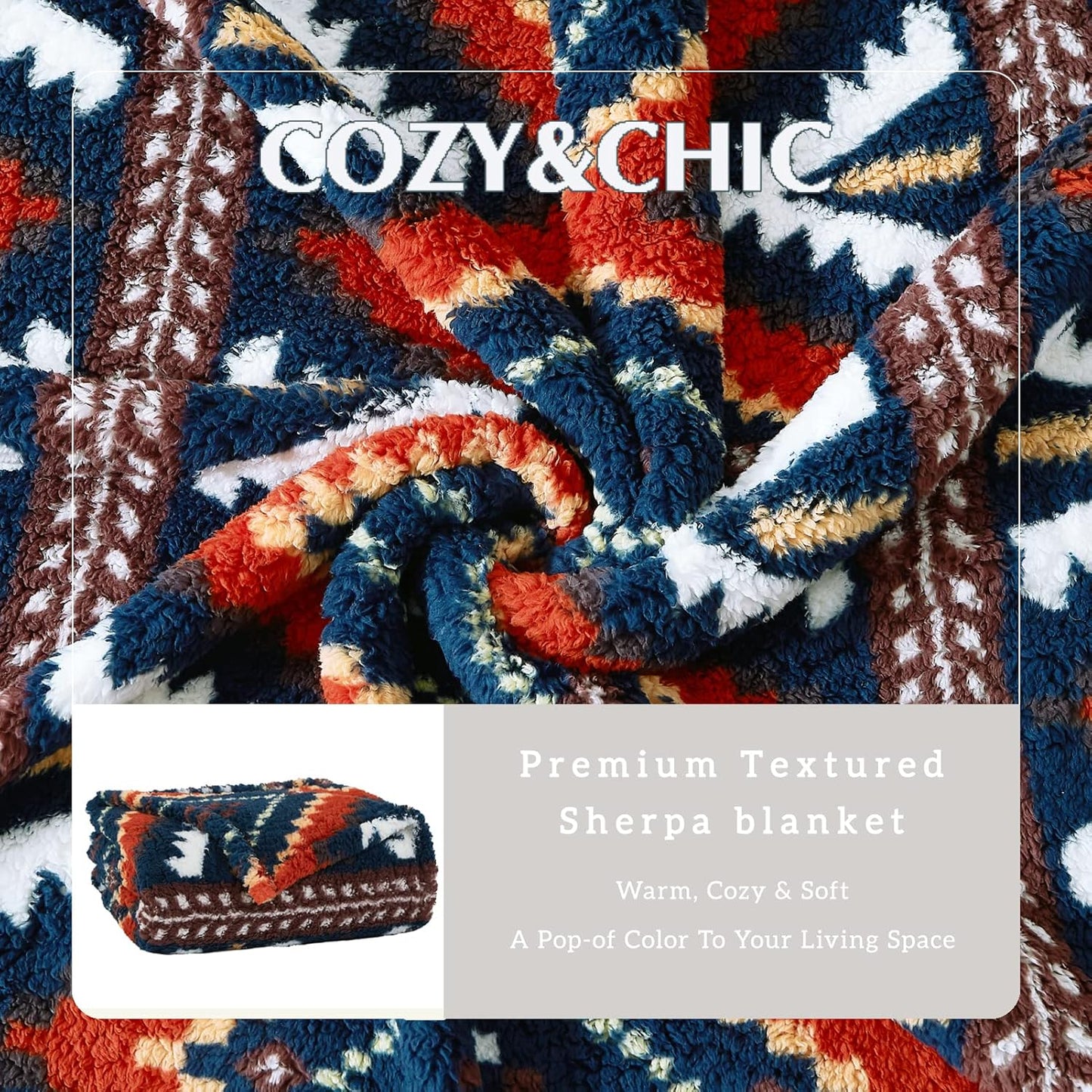 CASAAGUSTO Boho Sherpa Throw Blanket, Aztec Queen Blanket, Ultra Soft, Warm, Cozy, Plush, Thick Fleece Bohemian Throw Blanket for Couch, Bed, Sofa (Navy Blue 90 * 90 Inch)