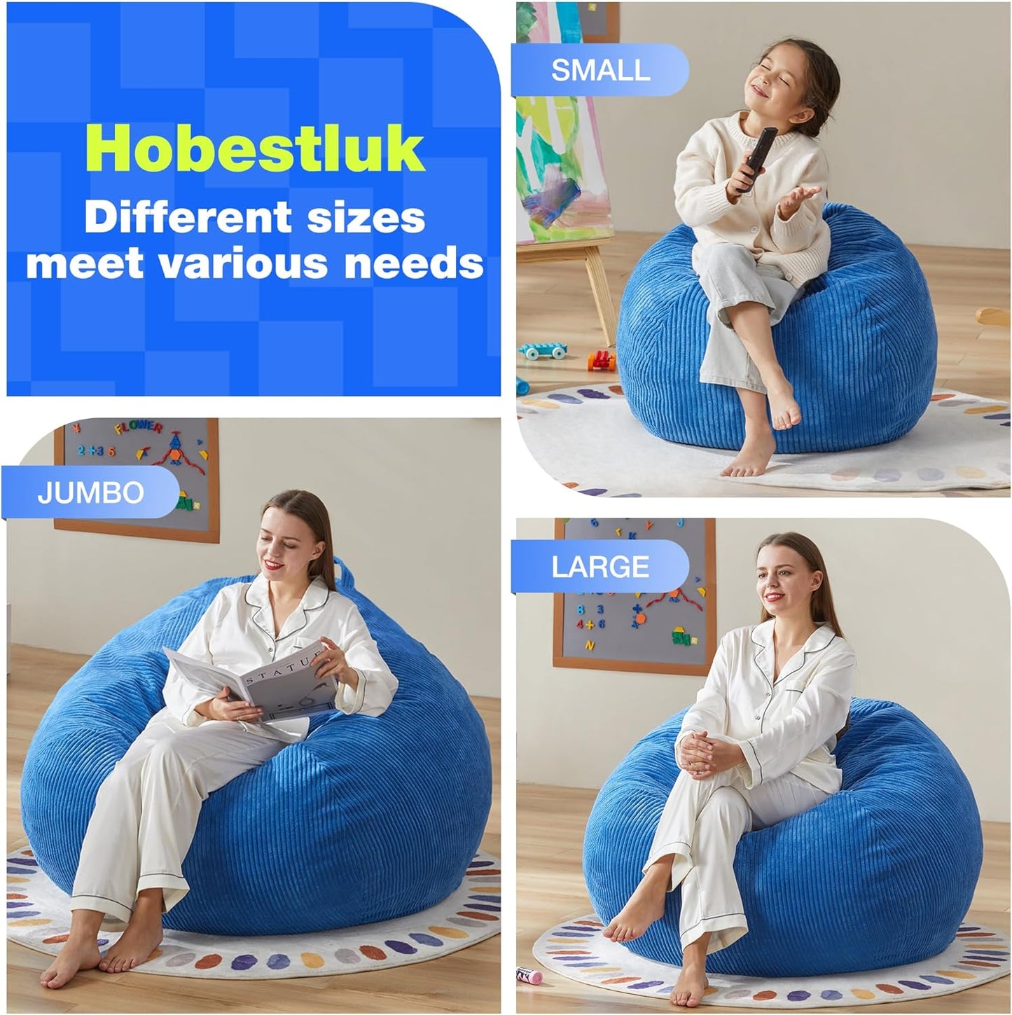 Hobestluk 4.5FT Bean Bag Chair Giant Bean Bag Chair with Filler Included Adult Bean Bag Chairs with Removable Cover for Bedroom Living Room (Jumbo, Blue)