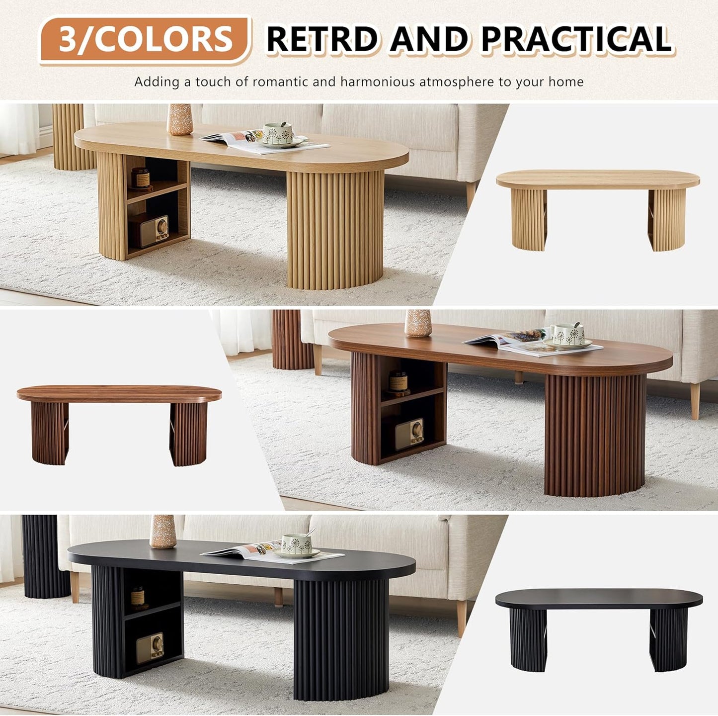 Oval Fluted Coffee Table, 47" Farmhouse Wood Coffee Table Mid Century Modern Center Table Boho Living Room Tables for Living Room Office,Natural